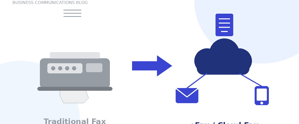 Illustration comparing a traditional fax machine to modern cloud-based eFax options including email, web, and mobile faxing