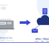 Illustration comparing a traditional fax machine to modern cloud-based eFax options including email, web, and mobile faxing